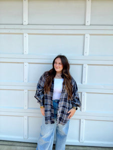 Navy Mineral Wash Oversized Plaid Top