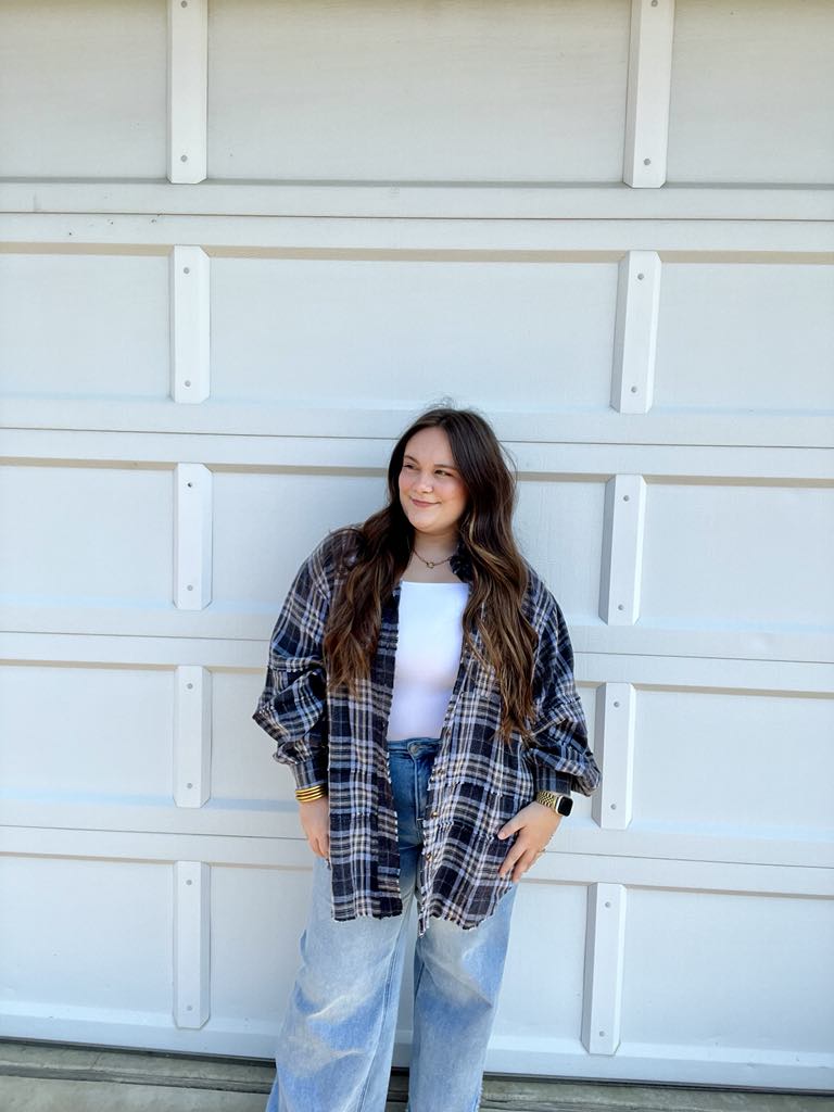 Navy Mineral Wash Oversized Plaid Top
