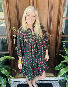 Umgee Hunter Green & Fuchsia Floral Dress