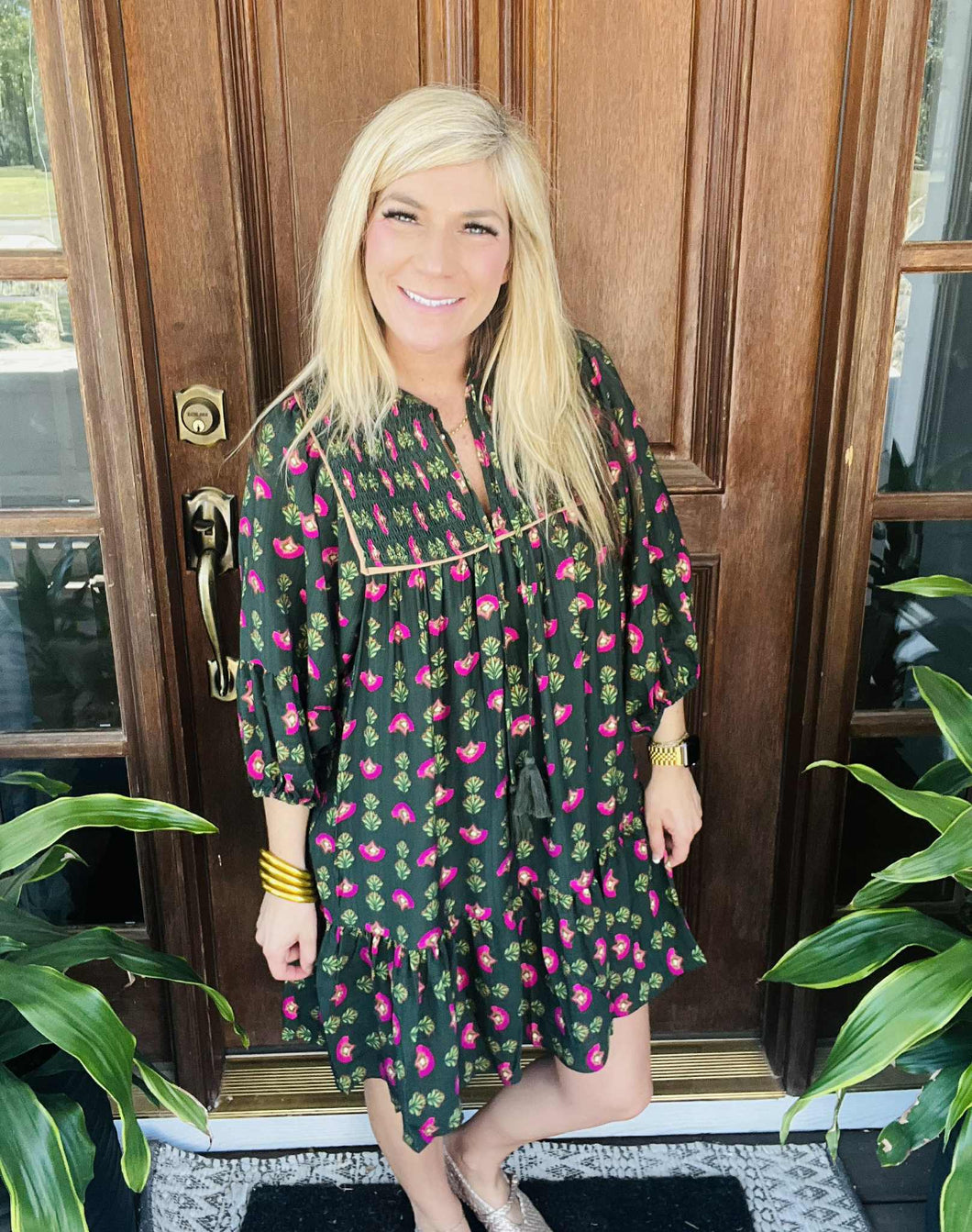 Umgee Hunter Green & Fuchsia Floral Dress
