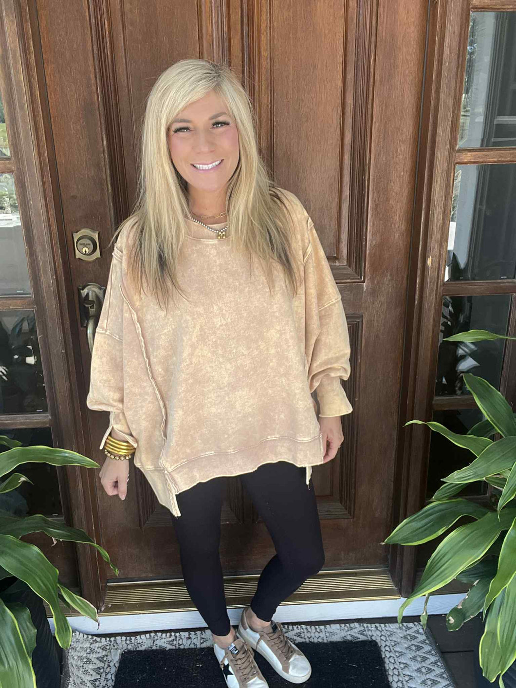 Pumpkin Latte Acid Wash French Terry Exposed Seam Oversized Sweatshirt