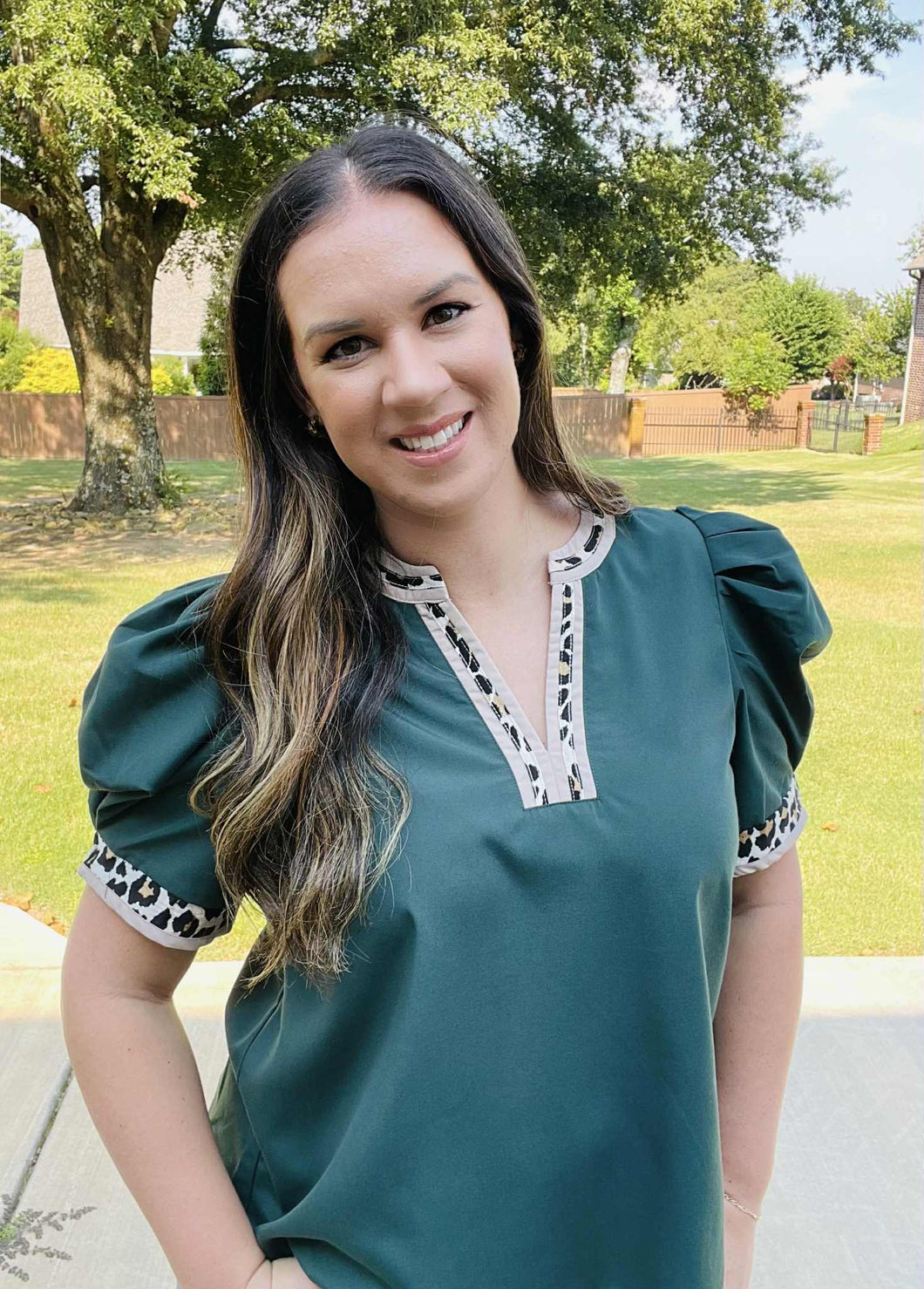 Hunter Green Puff Sleeve Blouse with Leopard Detail