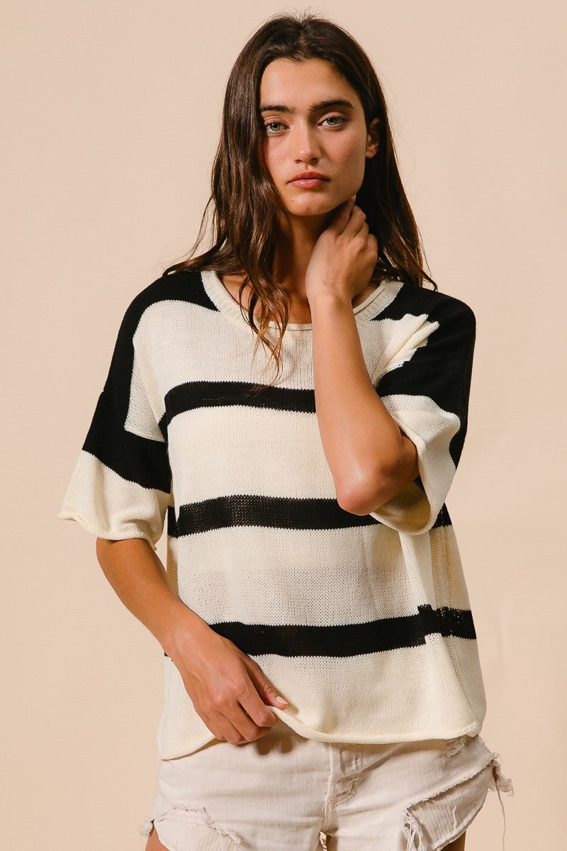 BiBi Lightweight Striped Short Sleeve Sweater Top: Black or Taupe