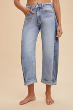 Load image into Gallery viewer, Two Tone Side Panel Stretch Barrel Crop Jean by Anniewear
