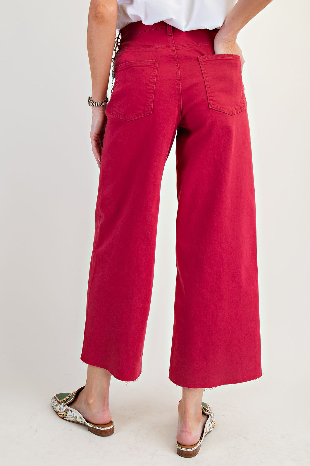 Red Button Front Stretch Twill Wide Leg Crop Pants by Easel