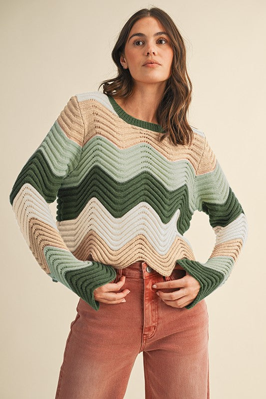 Multi Color Waive Pointelle Long Sleeve Top