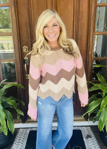 Multi Color Waive Pointelle Long Sleeve Knit Top