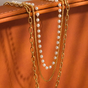 18K Gold Non-Tarnish Pearl Chain Triple Layer Necklace