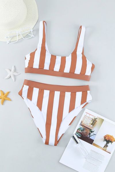 Brown Striped Athletic Swimsuit