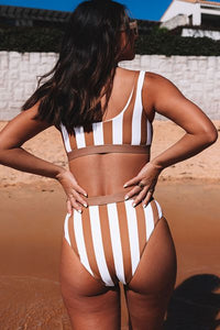 Brown Striped Athletic Swimsuit