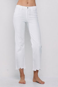 Super Stretch White Kick Crop Jeans with Distressed Hem