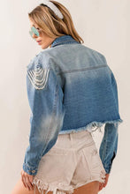 Load image into Gallery viewer, Pearl Bead Distressed Cropped Denim Jacket
