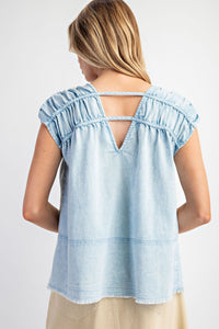 Light Denim V-Neck Short Sleeve Top