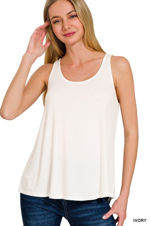 ZENANA Flowy Hem Rayon Sleeveless White Tank Top