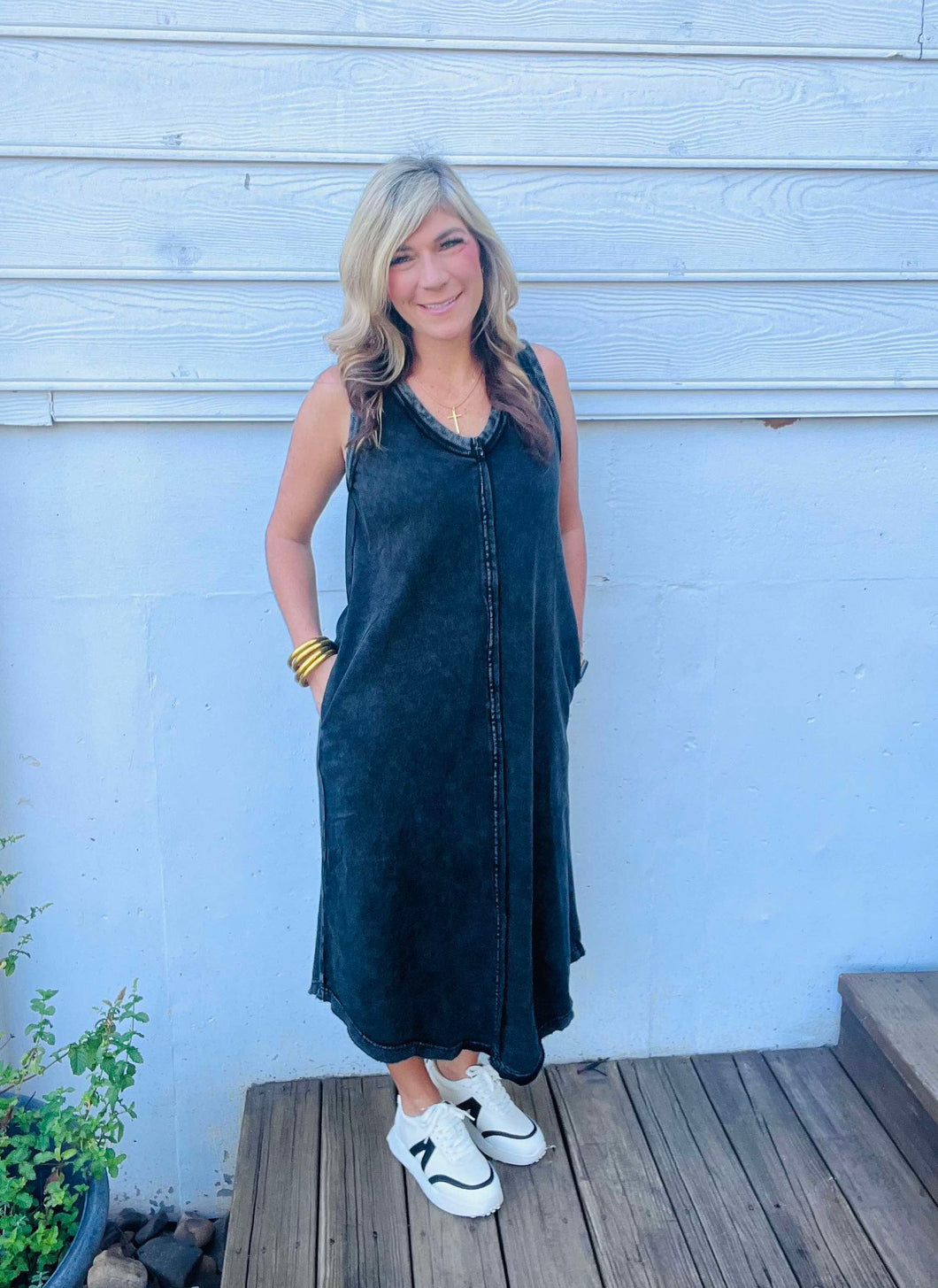 Black Washed Cotton Midi Dress