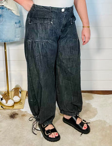 Denim Mid-Rise Balloon Convertible Cinch Pants