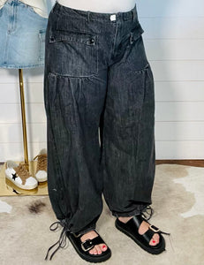 Denim Mid-Rise Balloon Convertible Cinch Pants