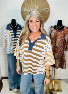 Taupe Multi Stripe Blue Collar Boxy Top