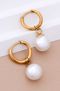 18K Waterproof Non-Tarnish Stainless Steel Pearl Drop Hoops