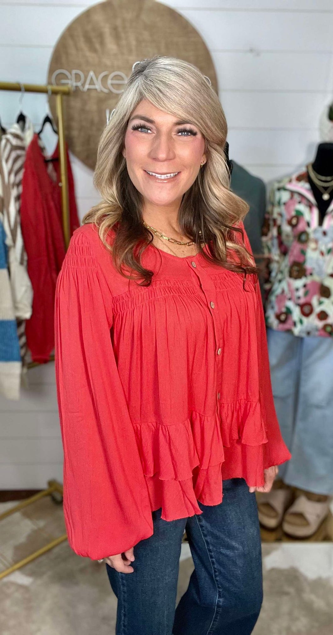 Easel Tomato Red Tiered Hem Blouse