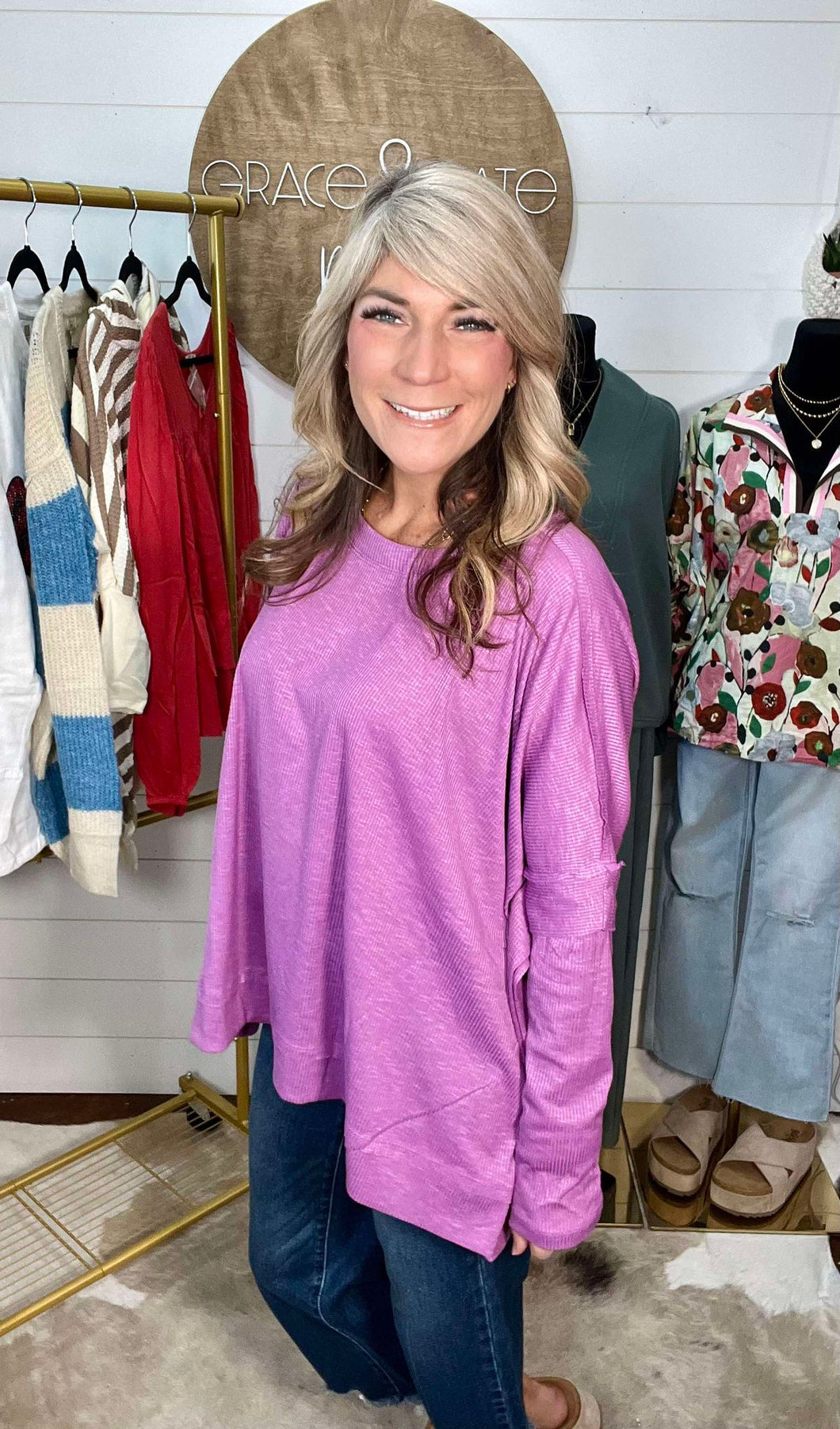 Grape Long Sleeve Ribbed Knit Poncho Top