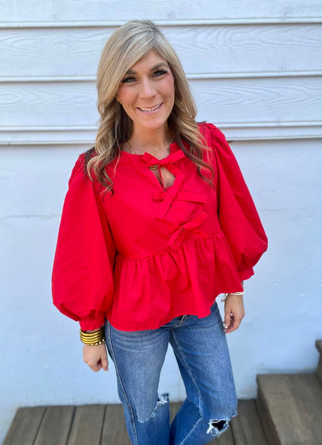 Red Puff Sleeve Top with Bow Detail