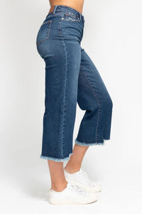 Judy Blue High Waisted Button Fly Raw Hem Wide Leg Crop Jeans