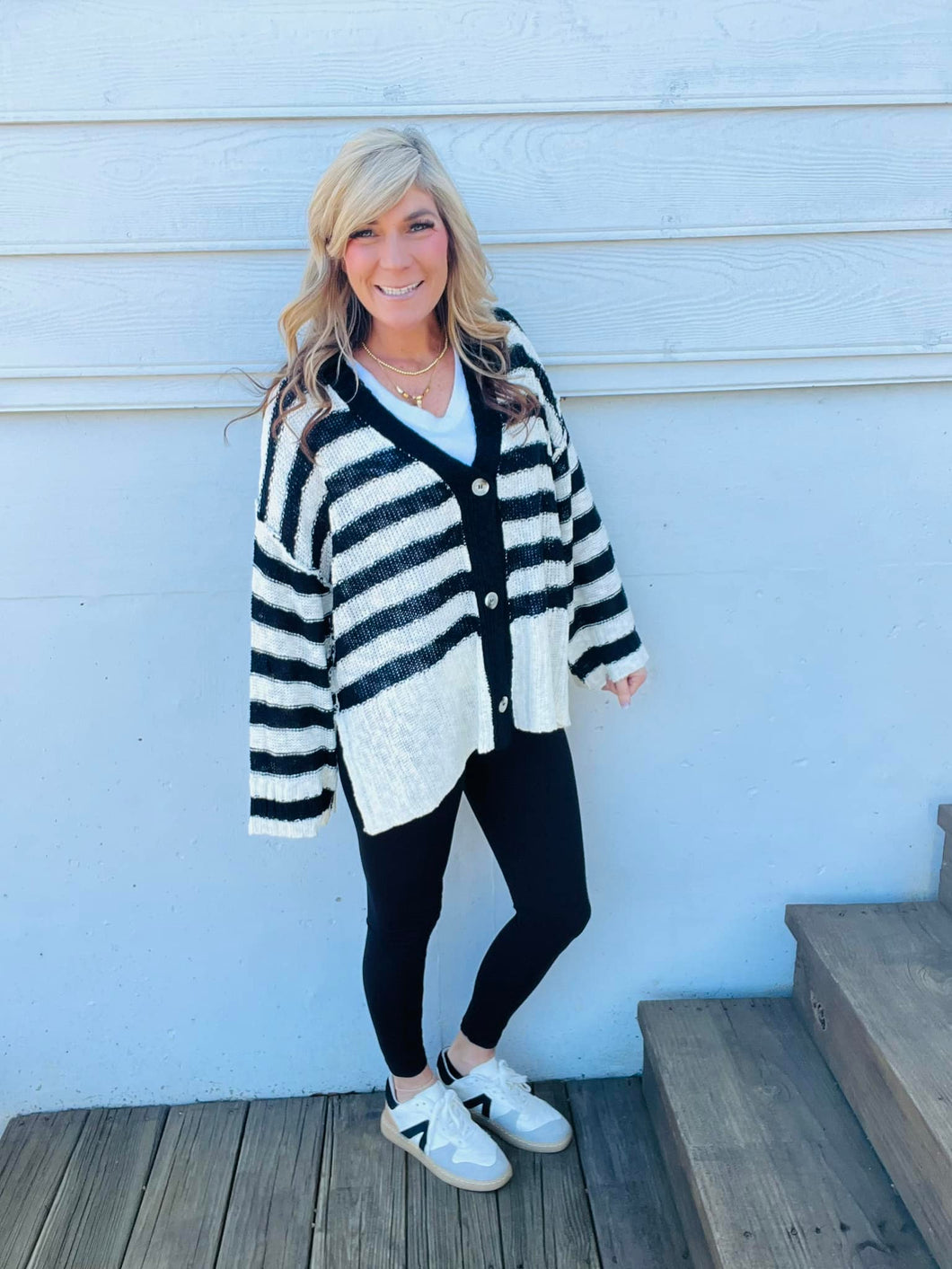 Ivory and black Striped Boxy Button Cardigan