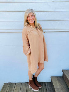 Taupe Washed Cotton Gauze Shirt Dress