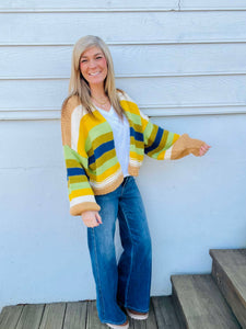 Chunky Knit Multi Color Striped Open Cardigan