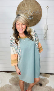 Dusty Teal Washed Color Mix Terry Knit Dress