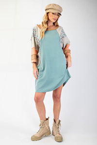 Dusty Teal Washed Color Mix Terry Knit Dress