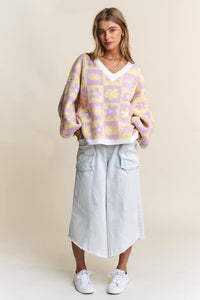 Periwinkle Lemon Floral Checkered Knit Oversized Sweater