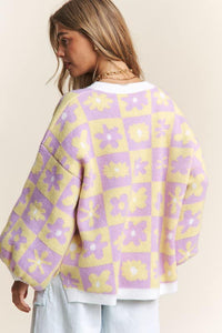 Periwinkle Lemon Floral Checkered Knit Oversized Sweater