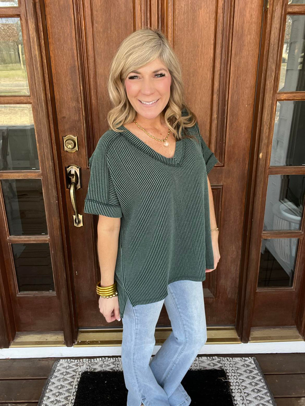 Hunter Green Ribbed Side Seam V-Neck