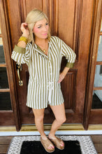 Load image into Gallery viewer, Olive Knit Striped Romper with Drawstring Waist
