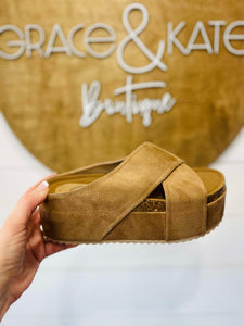 Tan Cross Suede Platform Sandal by Maker's