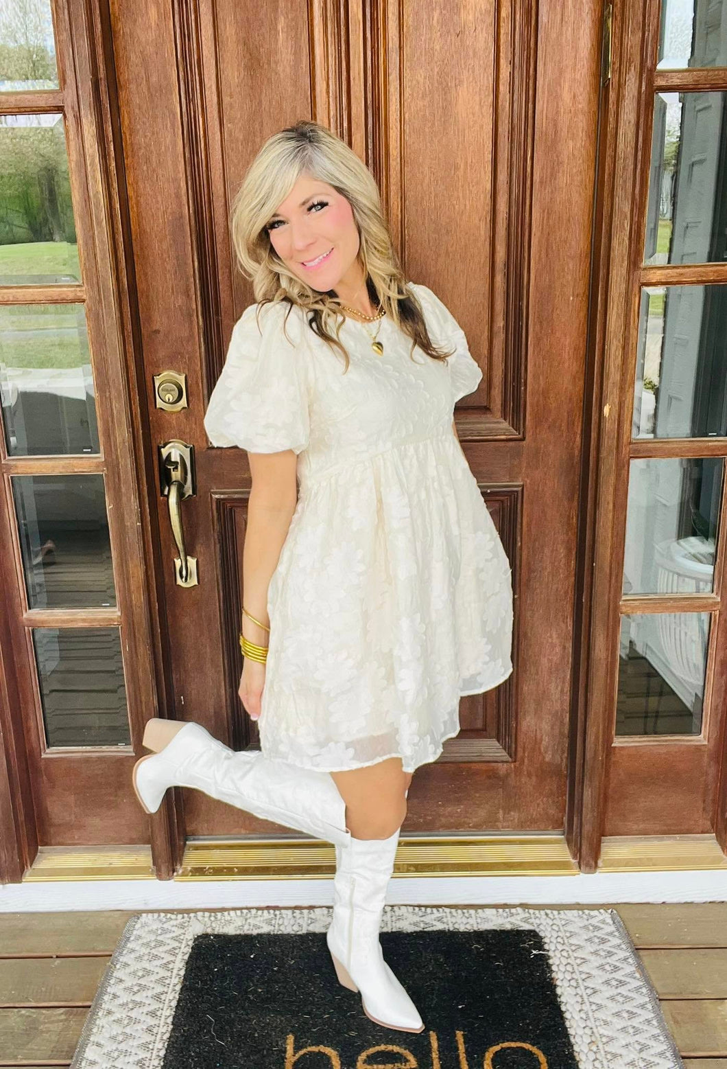 Cream Textured Floral Babydoll Mini Dress