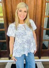 Load image into Gallery viewer, Ivory + Blue Floral Top with Bow Detail
