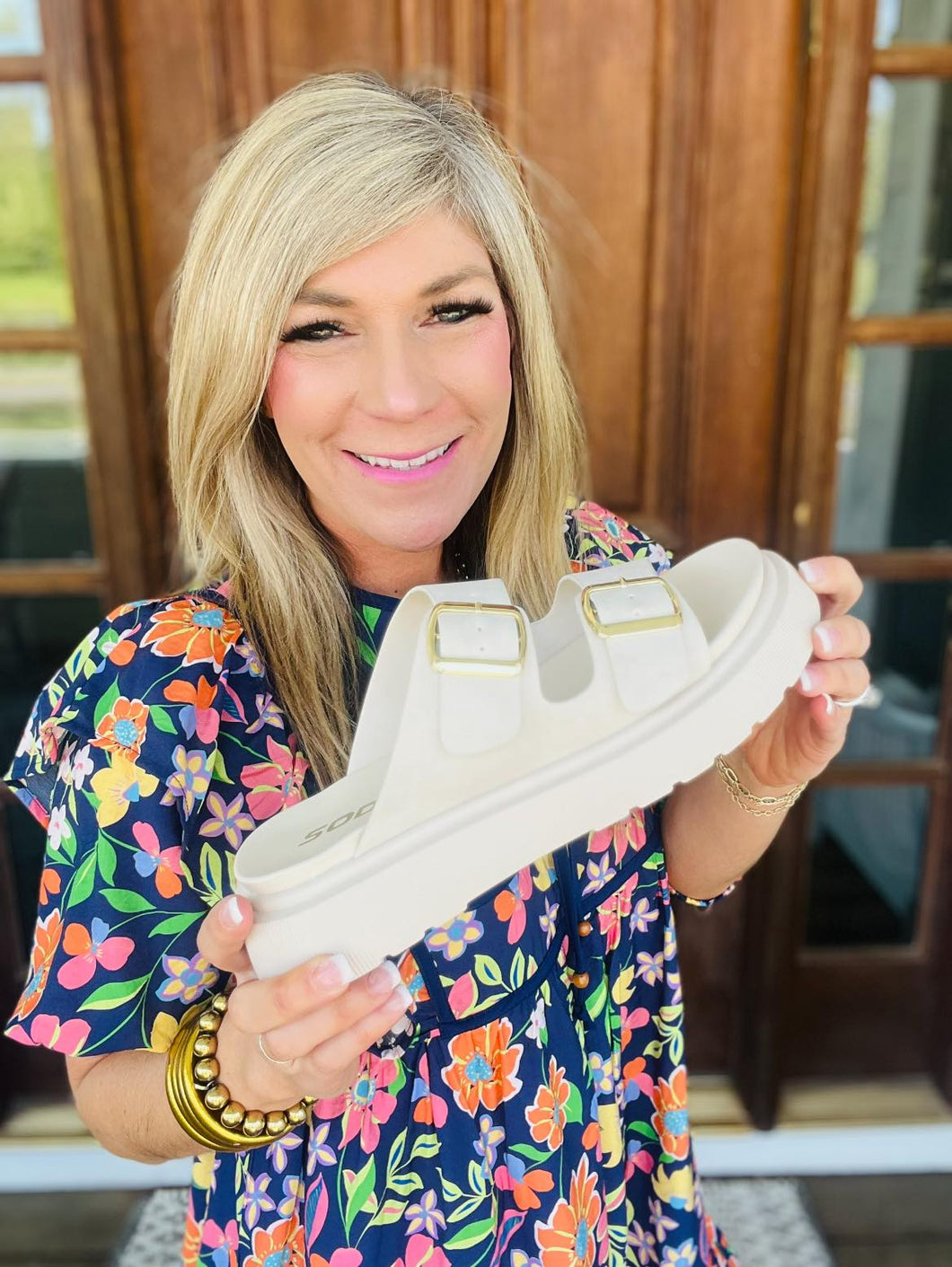 Beige Platform Buckle Slide