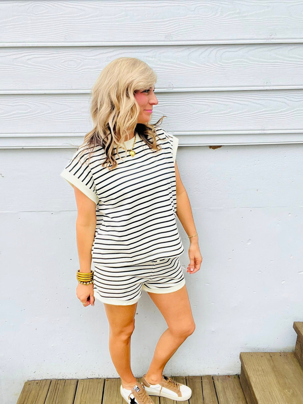 Ivory + Black Terry Shorts Set