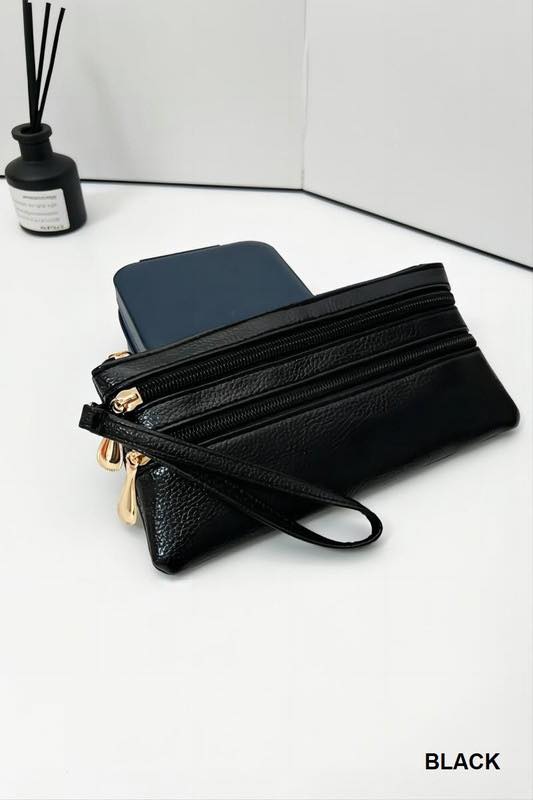Vegan Leather Triple Zip Clutch Wallet
