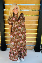 Load image into Gallery viewer, Brown Floral Eyelet Midi Dress with Puff Sleeves 💐
