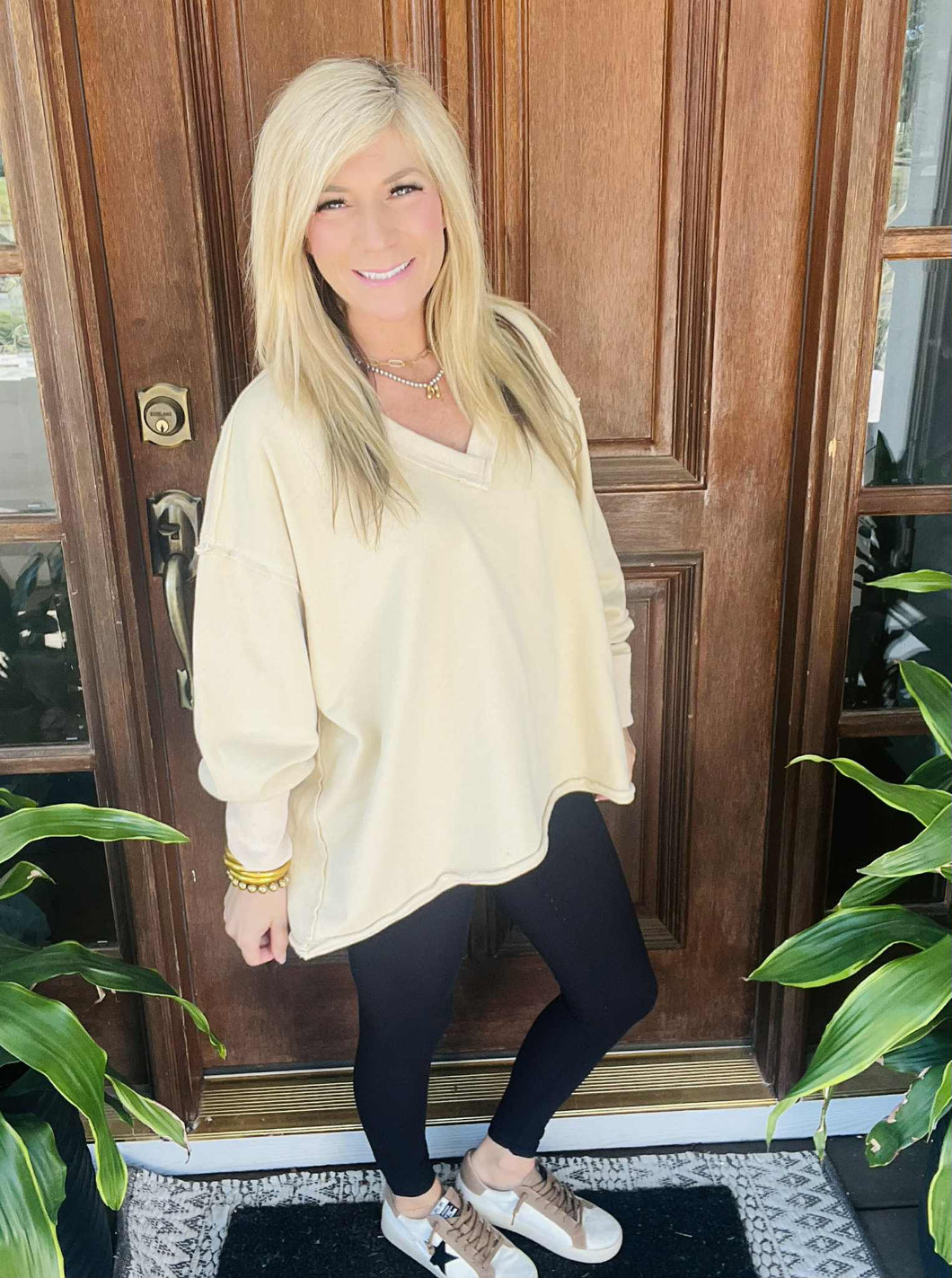 V-Neck Buttercream French Terry Oversized Sweatshirt