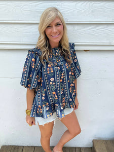 Navy Floral Baby Doll Blouse with Bubble Sleeves