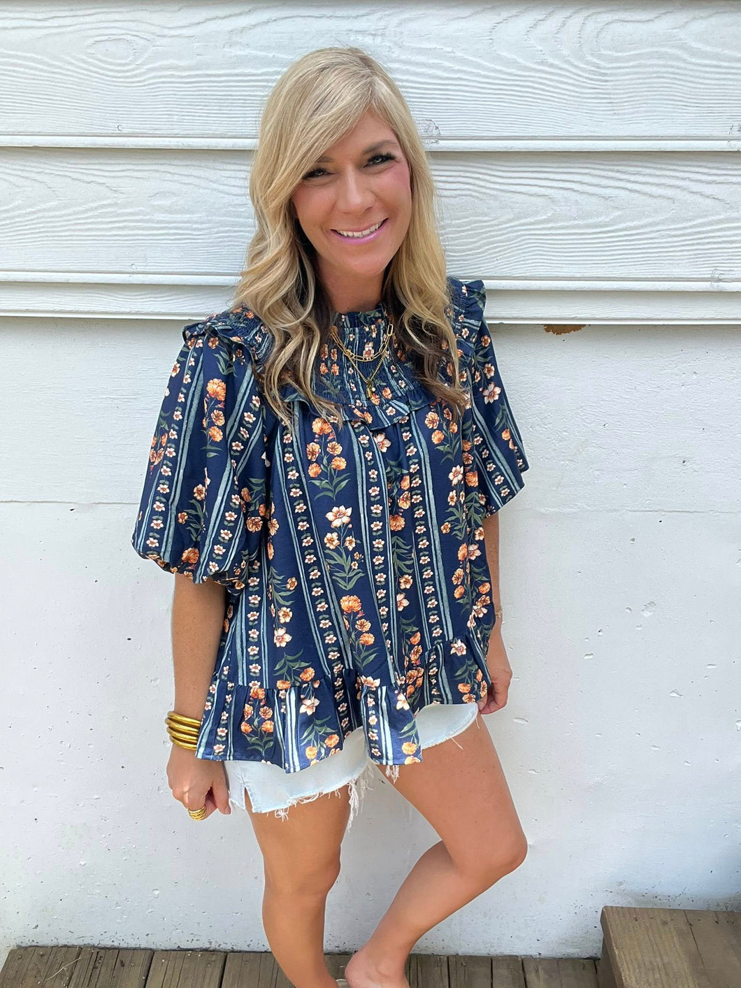 Navy Floral Baby Doll Blouse with Bubble Sleeves
