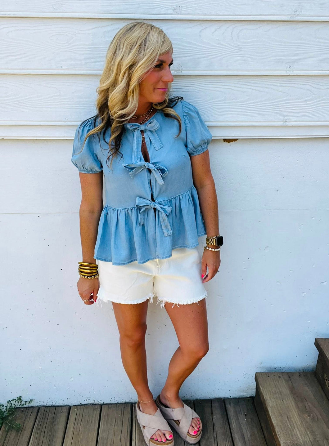 Chambray Tie Front Top