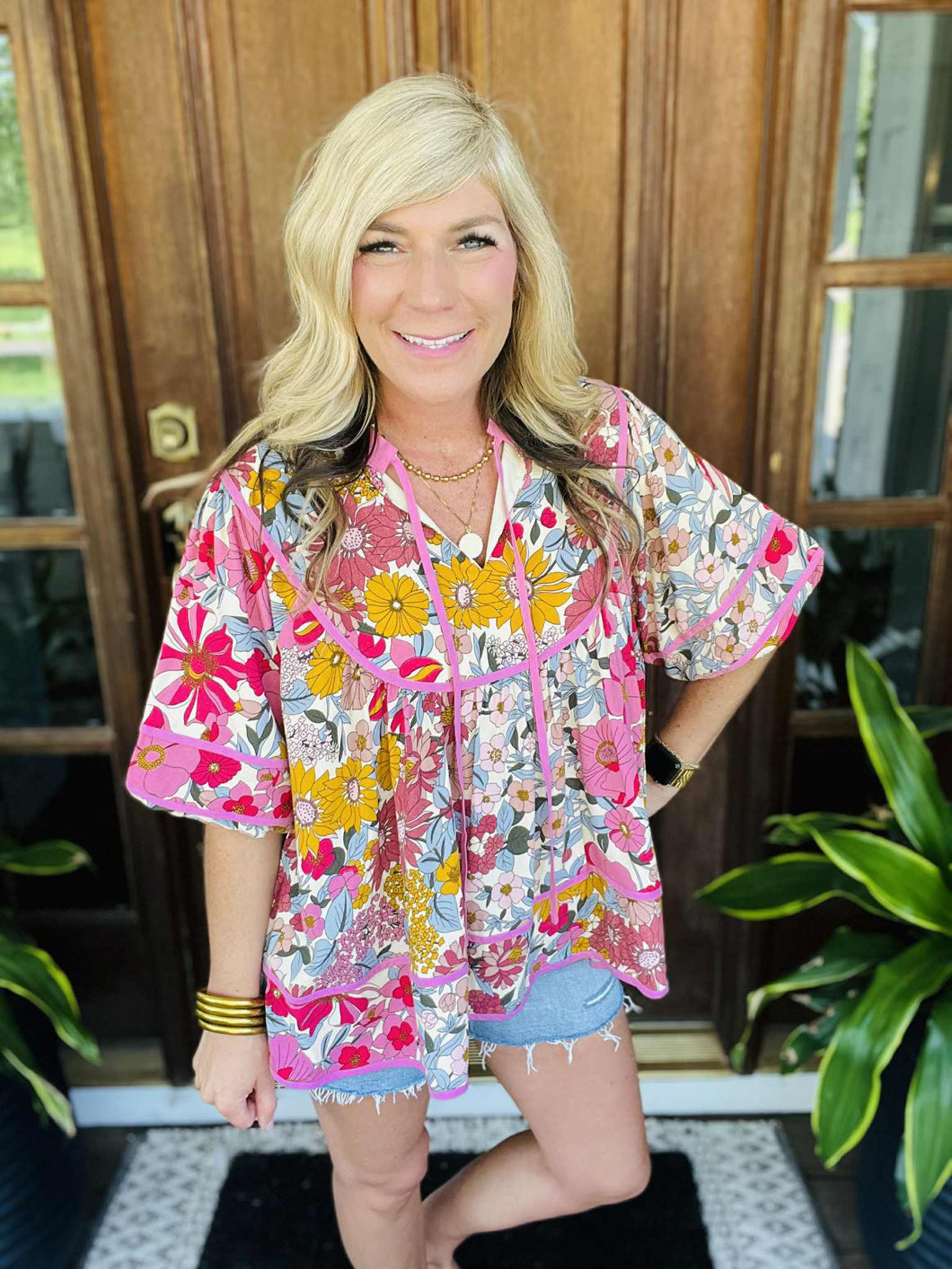 Pink Floral Woven Babydoll Top by BIBI
