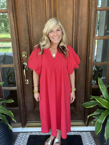 Red Umgee Smocked Front MIDI Dress