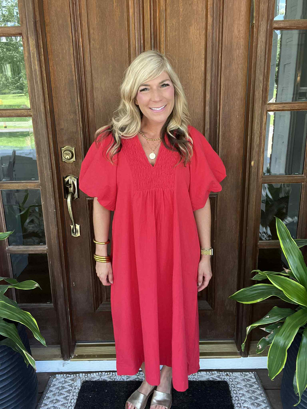 Red Umgee Smocked Front MIDI Dress